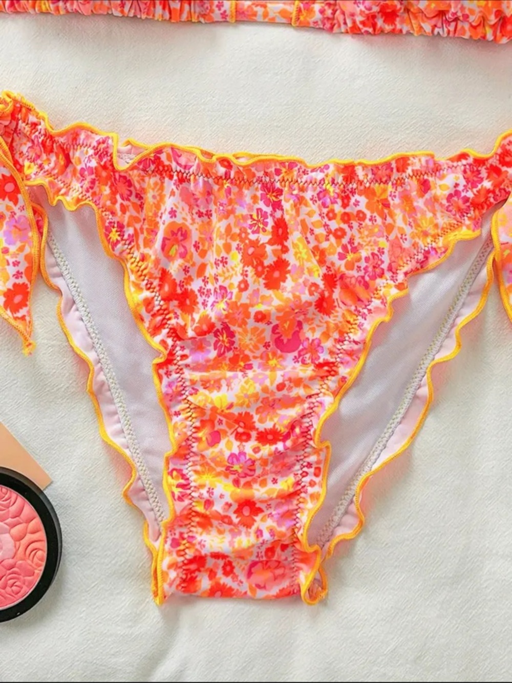 Orange Pink Floral Halter Ruffle Edges Side Tie Bikini Set - Picture 4 of 7